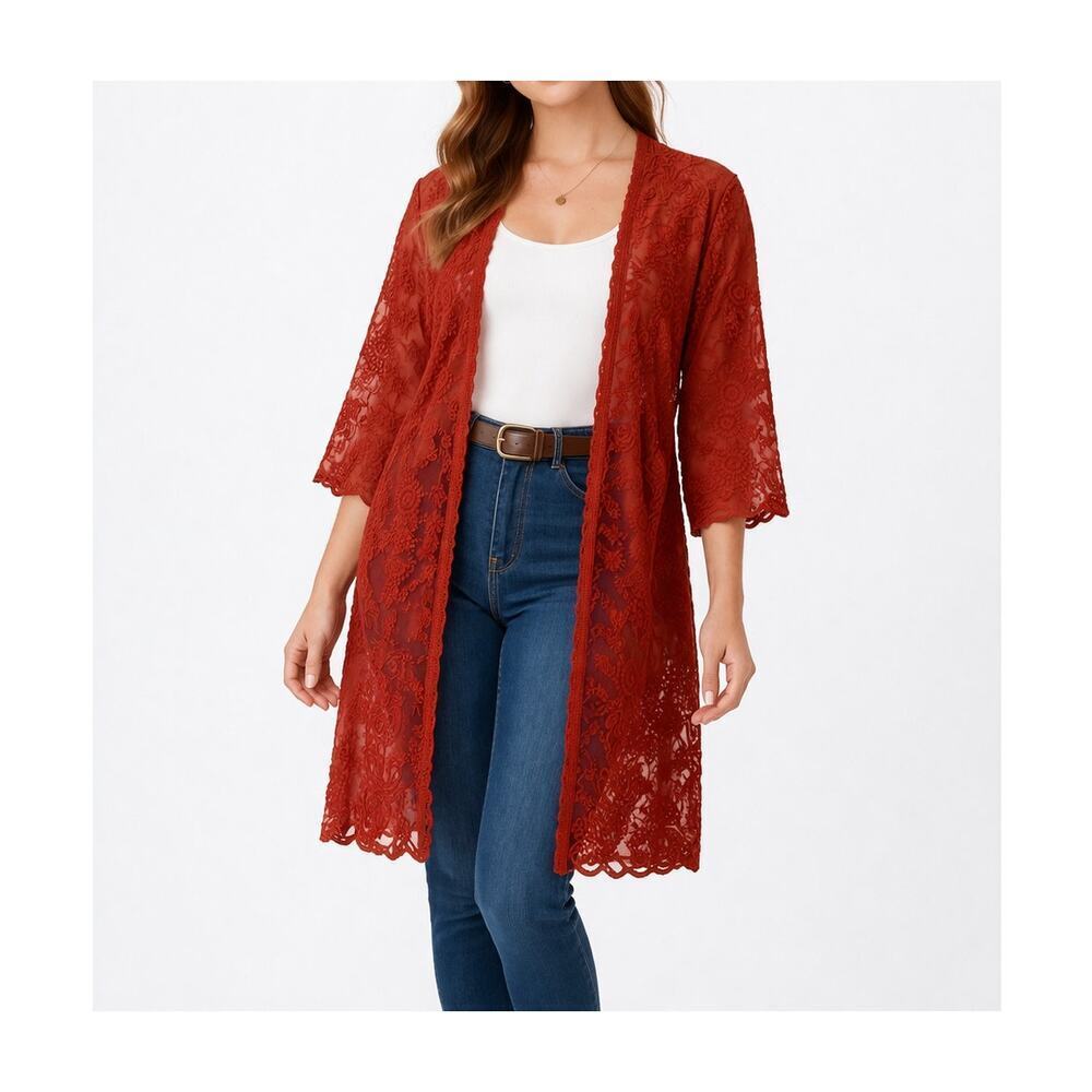 Shyanne Women's Dust Red 3/4 Sleeve Lace Duster Kimono